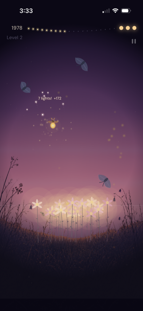 Lonely Lumen gameplay — a patch of woken flowers glowing in the meadow