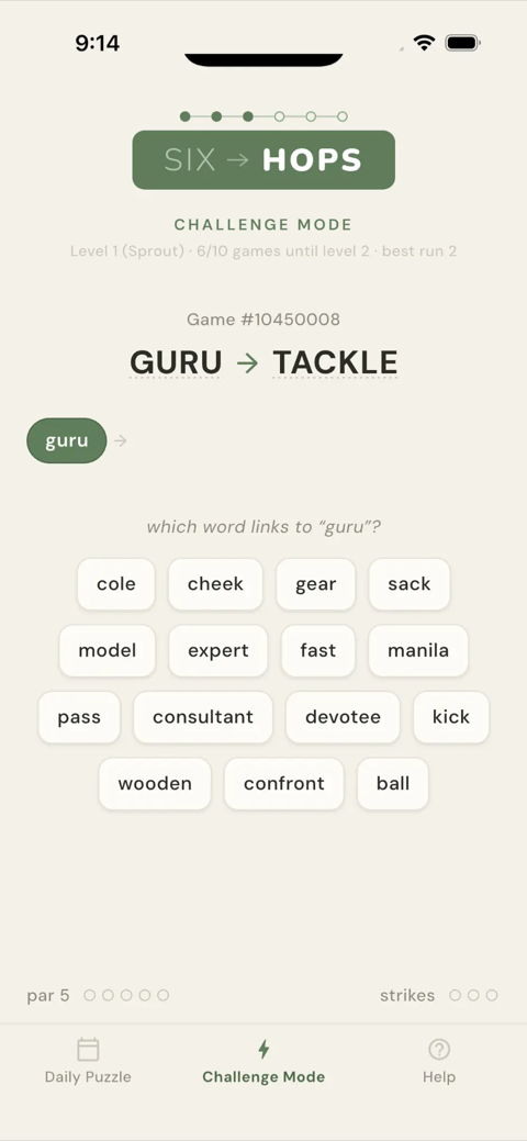 SixHops gameplay — choosing which word links to guru
